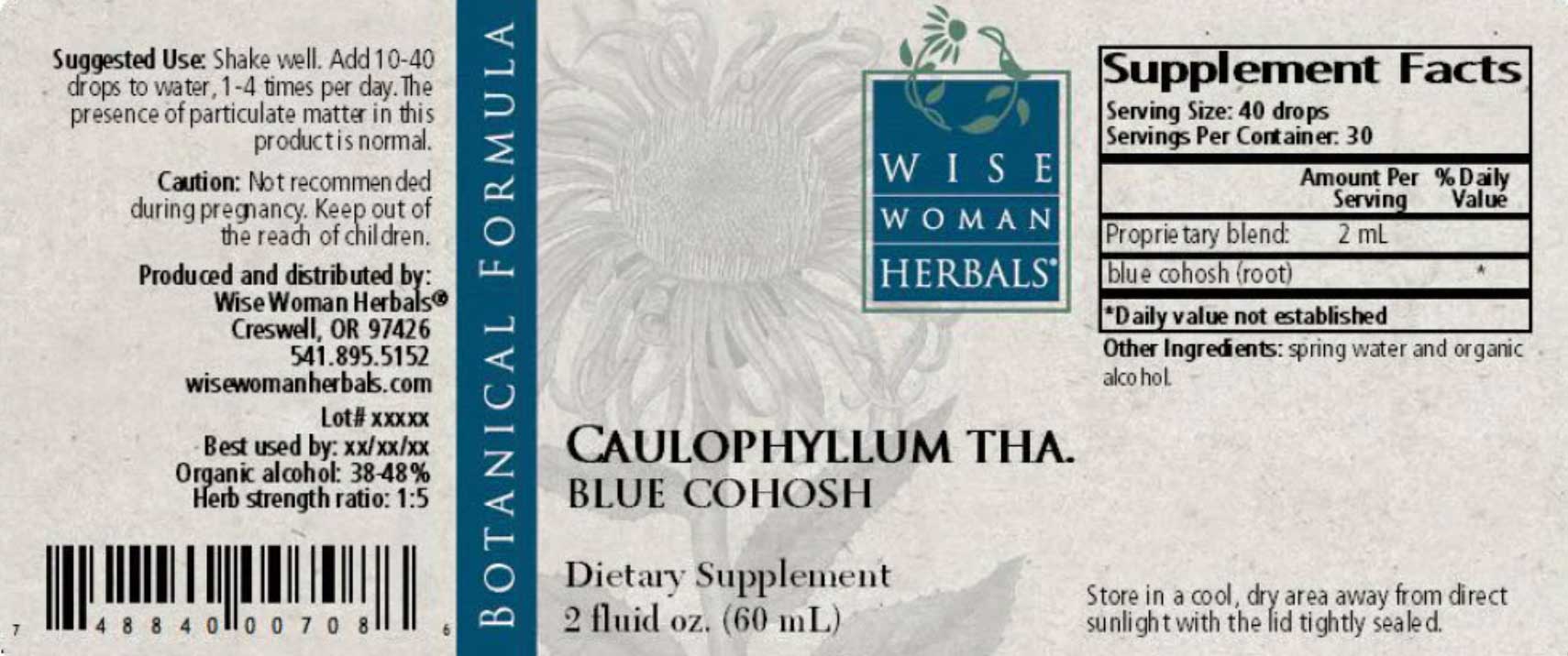 Wise Woman Herbals Caulophyllum Thalictroides Blue Cohosh Label
