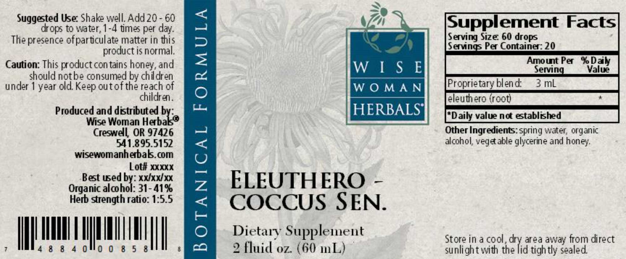 Wise Woman Herbals Eleutherococcus Senticosus Eleuthero Label