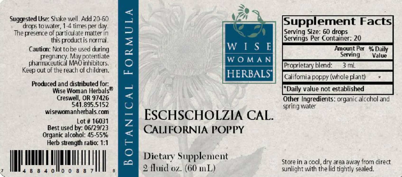 Wise Woman Herbals Eschscholzia Californica California Poppy Label
