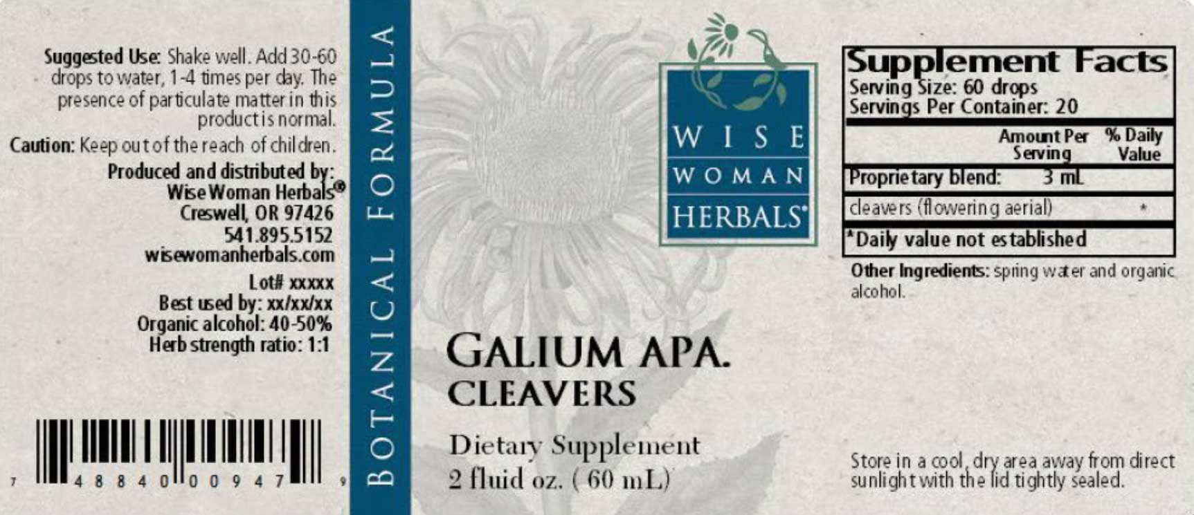 Wise Woman Herbals Galium Aparine Cleavers Label