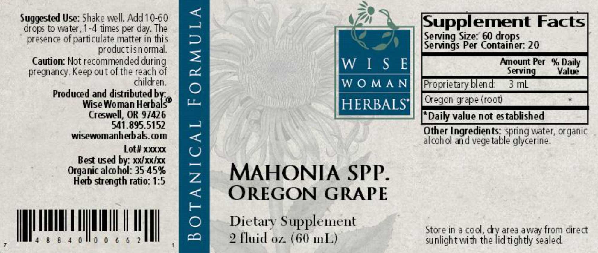 Wise Woman Herbals Mahonia Spp Oregon Grape Label