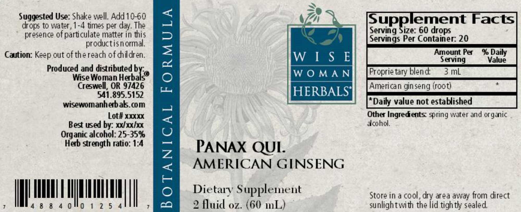 Wise Woman Herbals Panax Quinquefolius American Ginseng Label