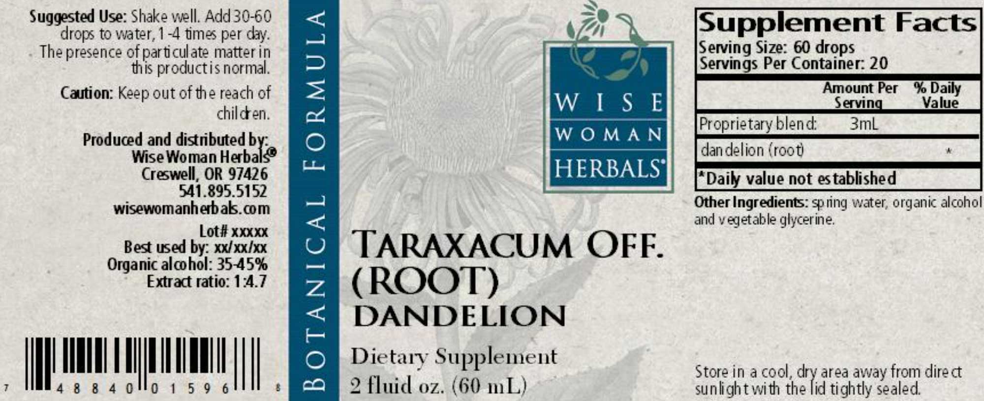 Wise Woman Herbals Taraxacum Officinale Dandelion (Root) Label