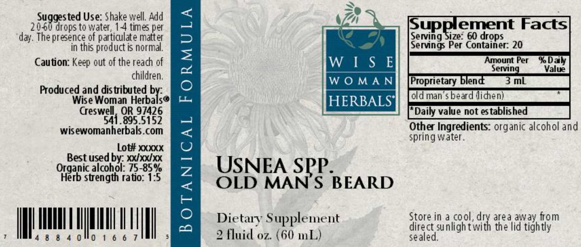 Wise Woman Herbals Usnea Spp Old Man's Beard Label