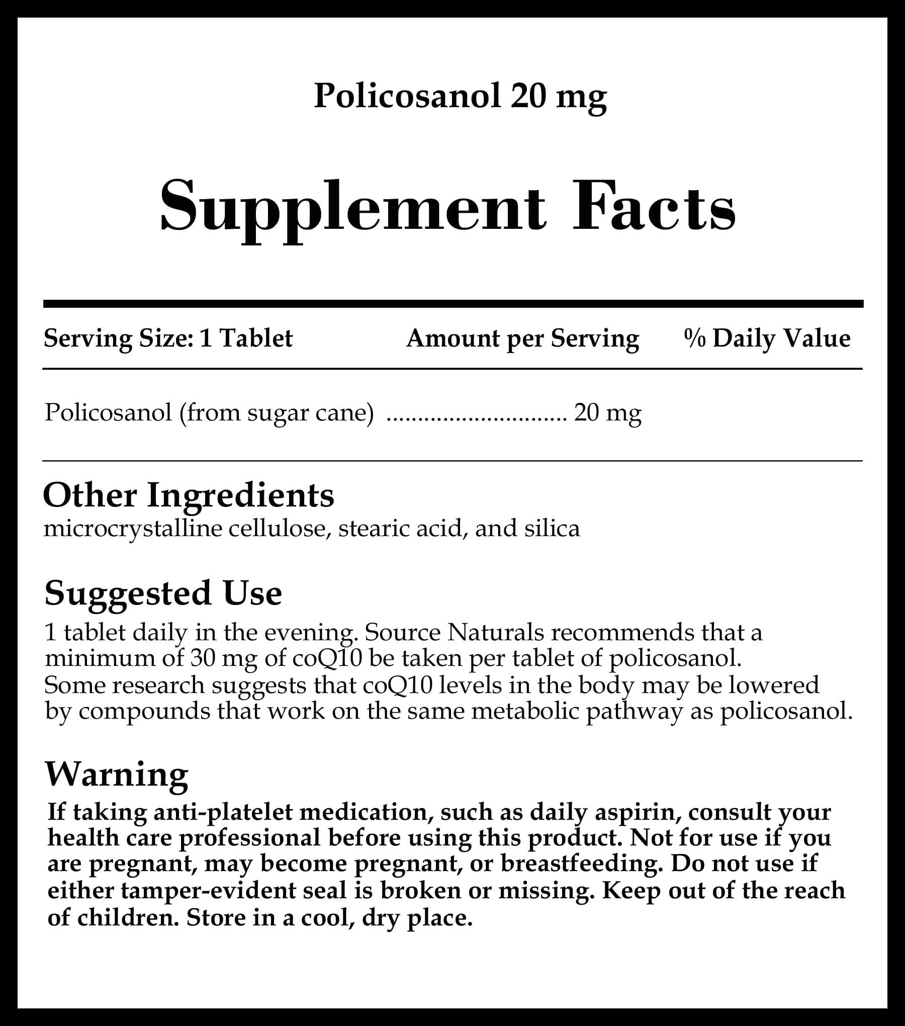 Source Naturals Policosanol 20 mg Ingredients