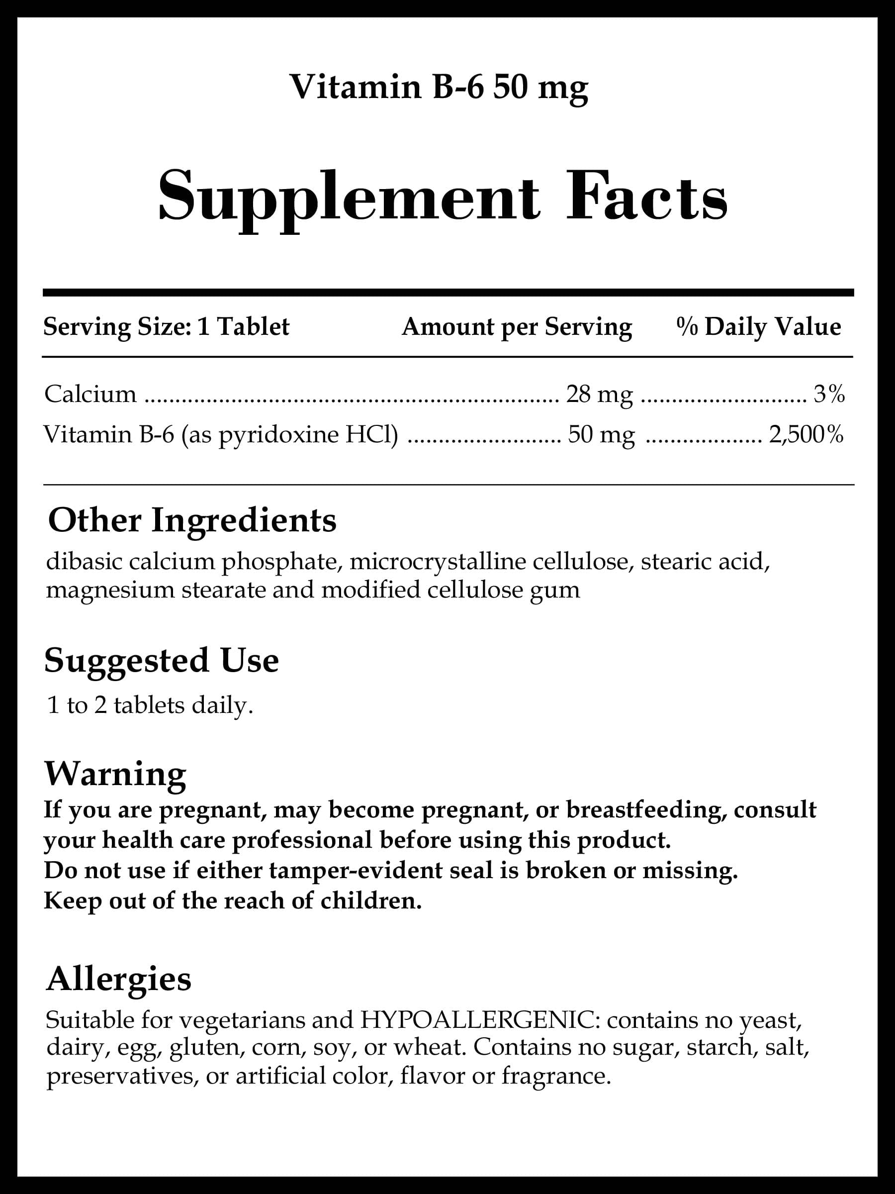 Source Naturals Vitamin B-6 50 mg Ingredients