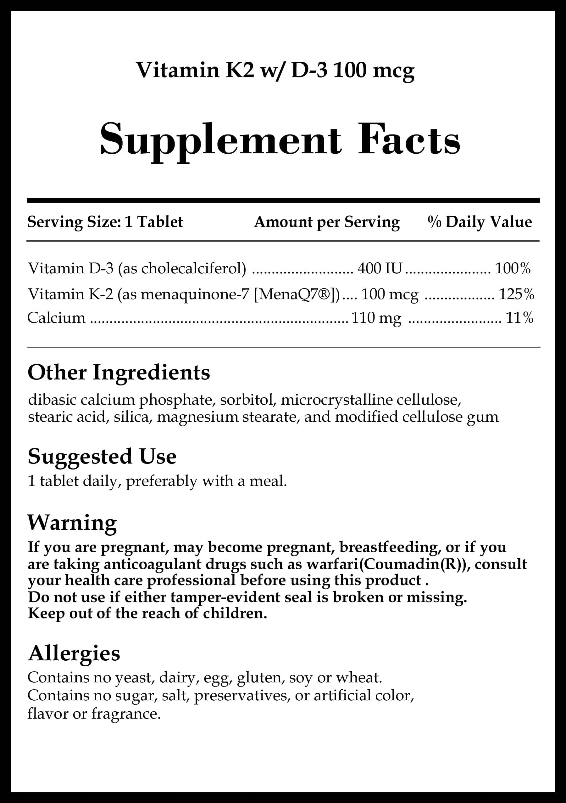 Source Naturals Vitamin K2 w/D-3 100 mcg Ingredients